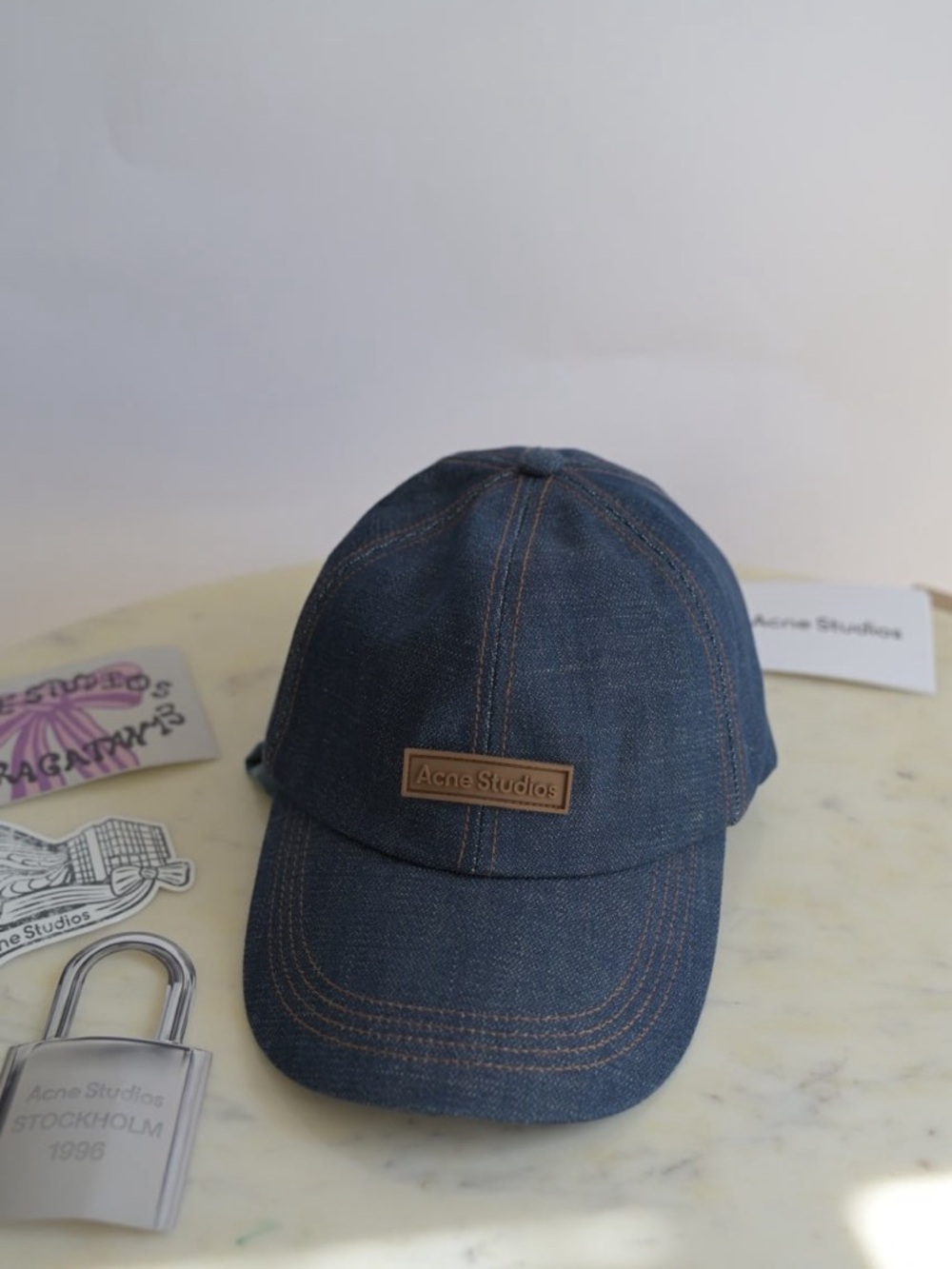 Acne Denim Baseball Cap in Navy with Brown Patch